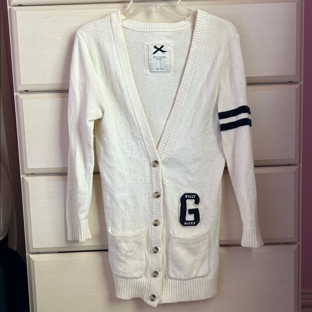 Gilly Hicks White Cardigan with Navy Blue accents